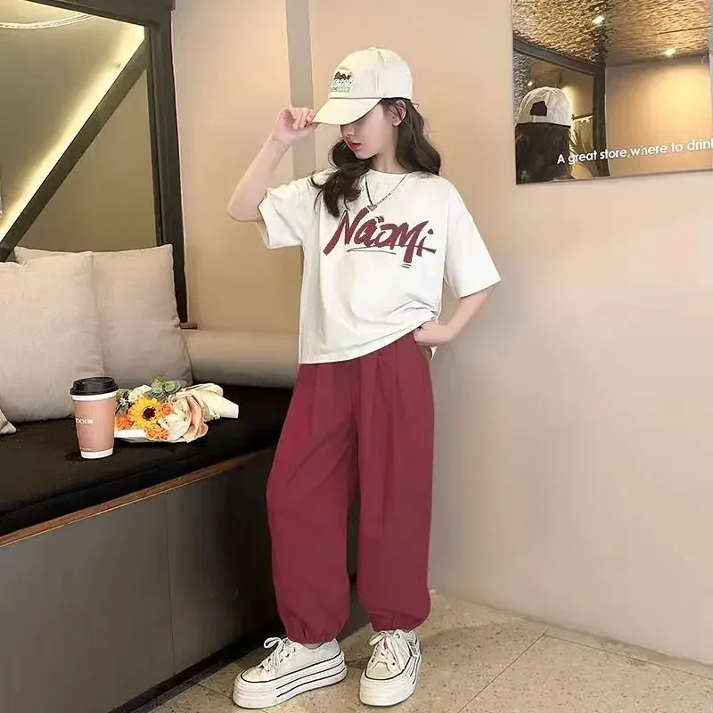 Girls Summer Casual 2Pcs Short Sleeved T-shirts+Jogging Pants Suits 3-13 Years Teenage Teenage Kids Oufits Sets Children Clothes