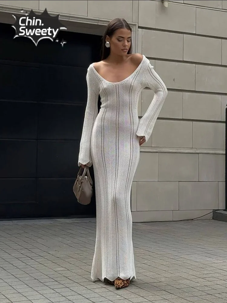 

Women Solid Hollow Out Long Sleeve Knitted Dress Elegant Sexy Backless Irregular Hem Dresses Chic Female High Street Vestidos