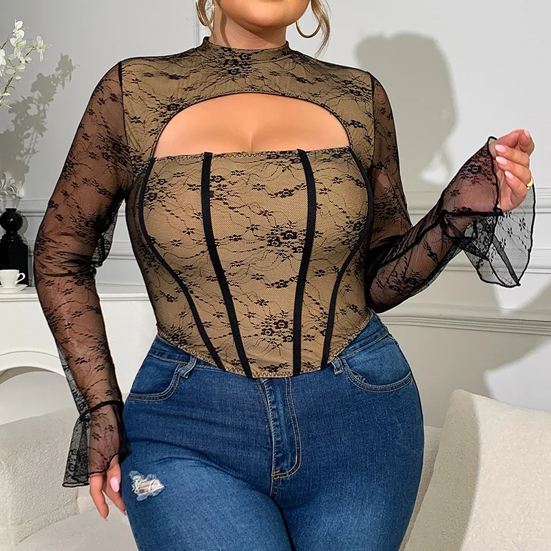 

Black Large Size XL-4XL Exotic Sets Full-bodied Women's Mesh Low-cut Steel Ribbed Long-sleeved Top Sexy Slimming Lace Wear