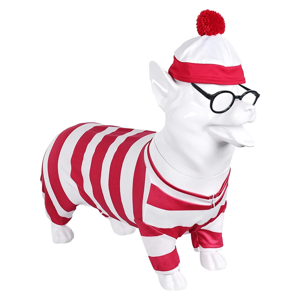 Wheres Waldo Dog Costume Cosplay Pet Dogs Clothes Hat Cap Glasses Costumes for Small Large Dog Outfits Halloween Carnival Suit