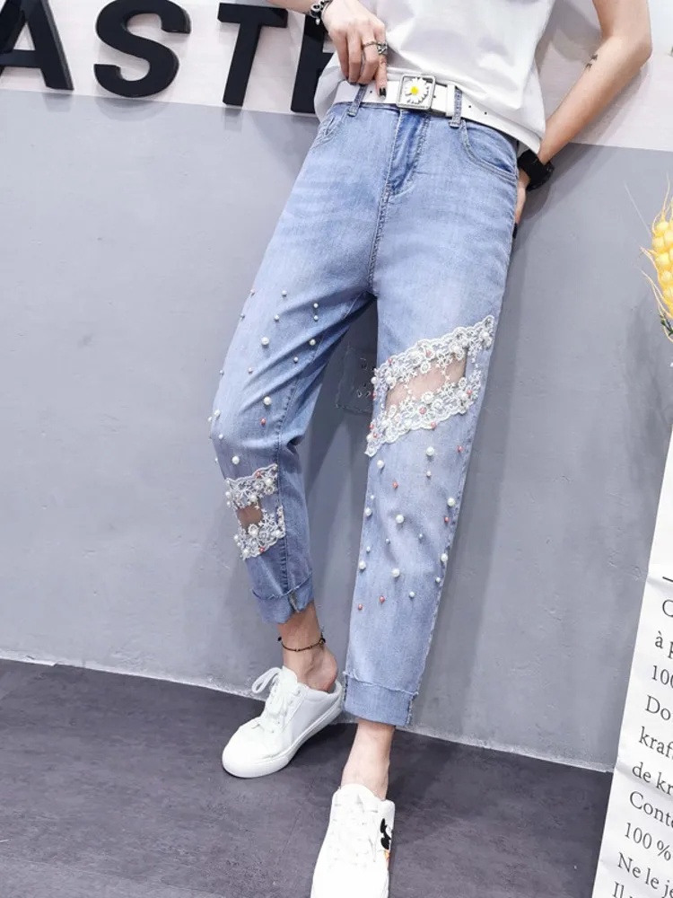 Fashion Women Lace Beading Jeans High Waist Ankle Length Summer Denim Pants High Street Pearls Spliced Female Loose Harem Pants