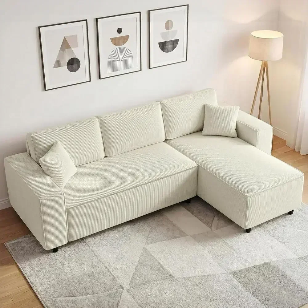Reversible Chaise Sectional Sofa, L-Shaped, Corduroy Fabric, Cushioned, 3-Seat, Cream