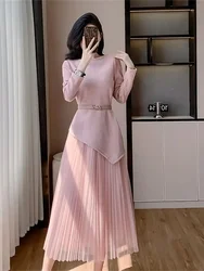 New High Quality Women's Two Pieces Set Elegant Knitted Long Sleeve Sweater Tops with Belt + Mesh Long Skirt Sets Sweet Suits