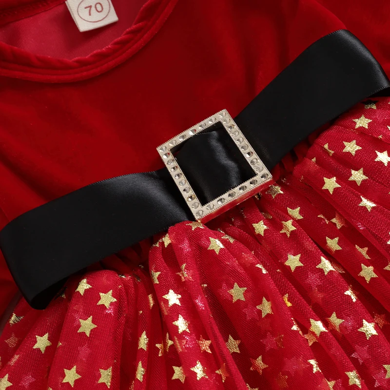 Baby Girls Rompers Dress Christmas Clothes Square Buckle Belt Sequins Stars Layered Tulle Skirt Hem Long Sleeve Bodysuits