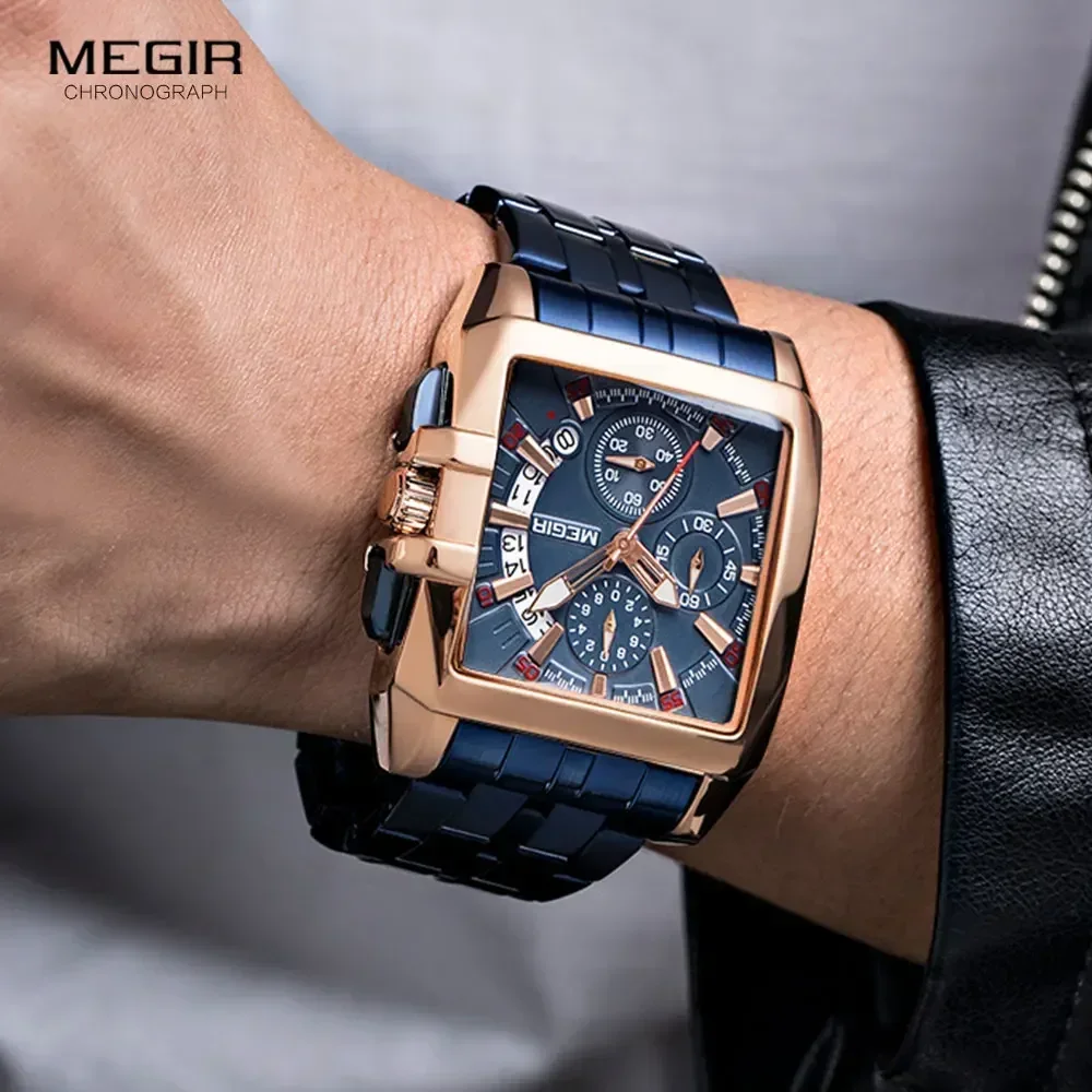 MEGIR ผู้ชายสแตนเลสนาฬิกาผู้ชายแฟชั่น Luxury Blue Rose Gold นาฬิกาข้อมือชายกันน้ําทหารกีฬานาฬิกา