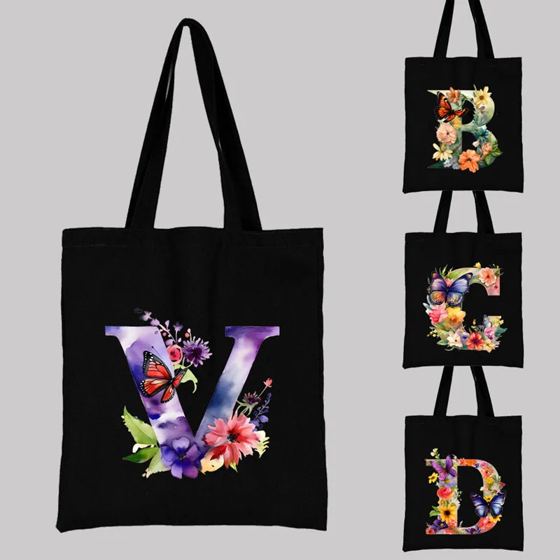 Flower Letter Black Canvas Handbag Casual Large Capacity Environmental Friendly Flower Shopping Bag Customization