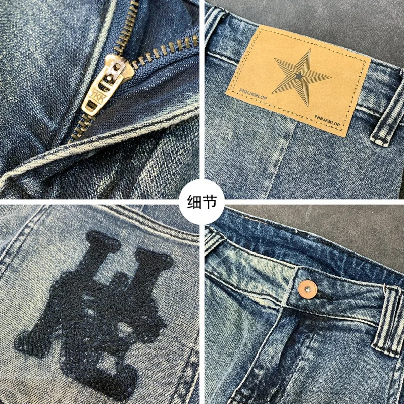 Vintage denim men's high street fashionable embroidery design2024new fashion loose comfortable wide leg trousers