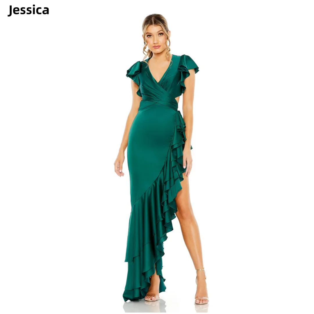 

Jessica Silk Satin Layering Elegant Wedding Dress Green Mermaid High And Low Prom Dresses Formal Occasions Vestidos De Fiesta