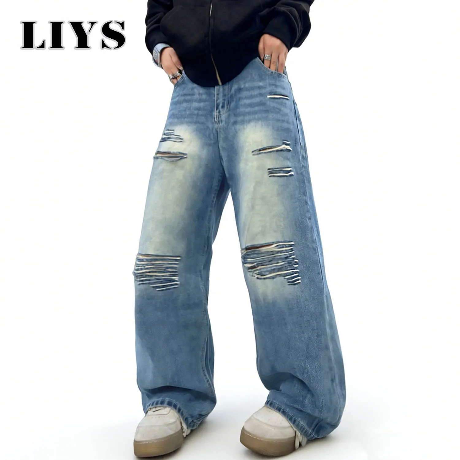 LIYS American Retro Blue Baggy Wide Leg Men's Jeans Four Seasons Street Straight Casual Ripped Denim Pants Youth Clothes Unisex