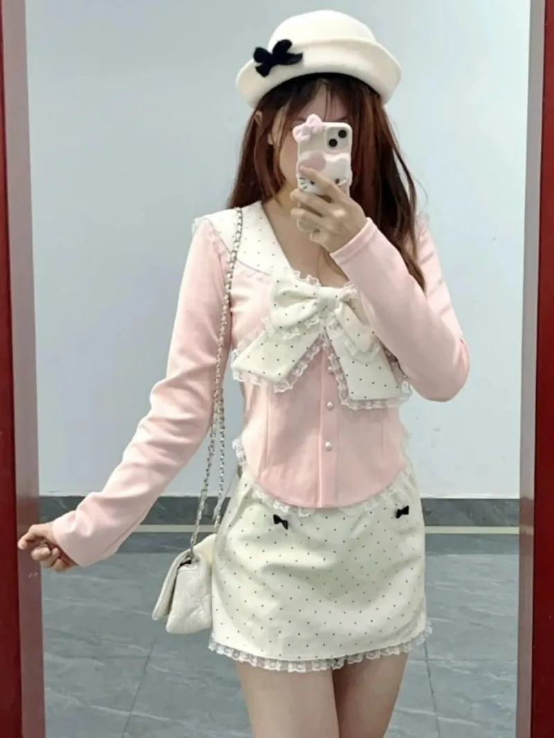 Herfst College Stijl Lolita Dames Tweedelige Set Zoete Franse Y2k Set Boog Lange mouwen Tops + Polka Dot Minirok Outfit 2025