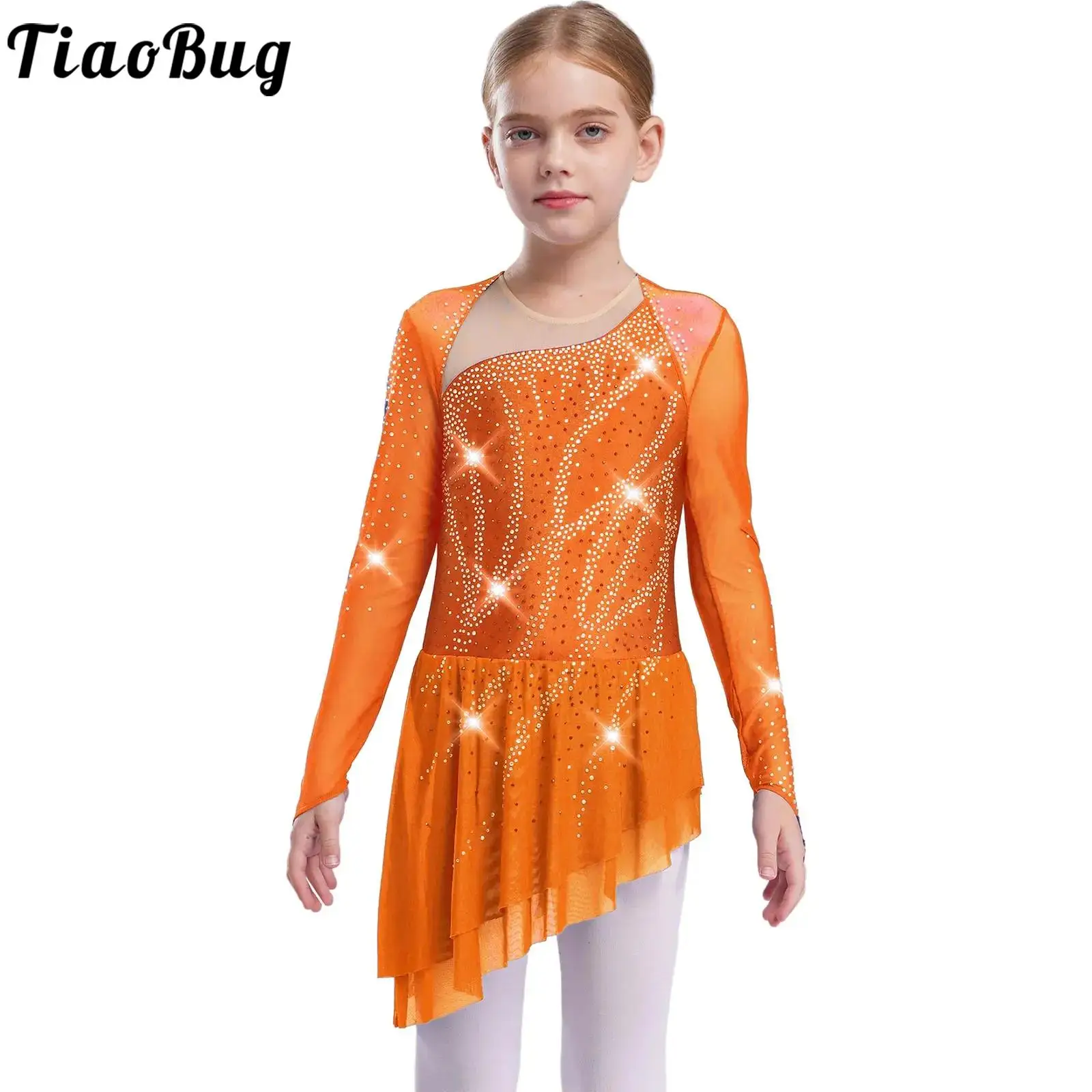 

Детское платье для фигурного катания для девочек, лирический танец, балет, гимнастический костюм, сетчатый купальник с длинными рукавами и стразами, современная танцевальная одежда