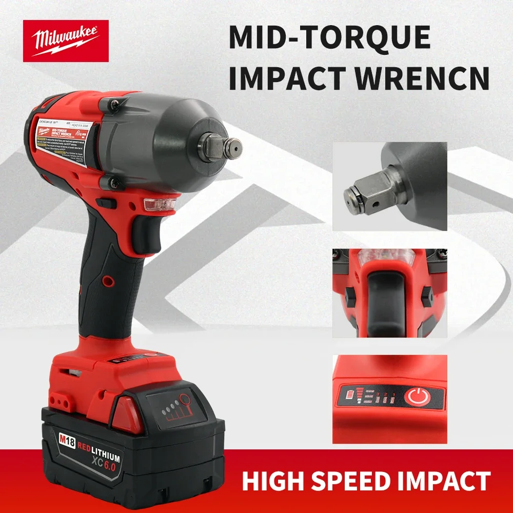 Milwaukee Mid-Torque Impact Professional Wrench 18V Lithium Battery Electric Cordless High Speed Car Truck Repair Power Tools