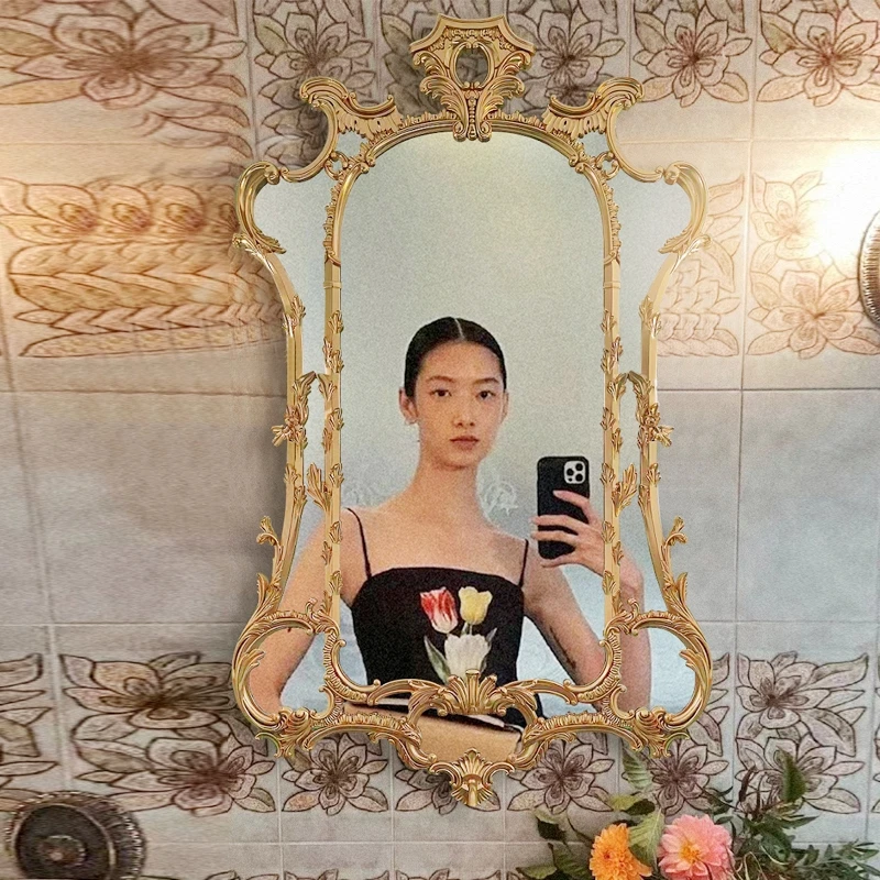 French retro bathroom makeup mirror European carved decorative  mirror bathroom wash wall hanging vanity
