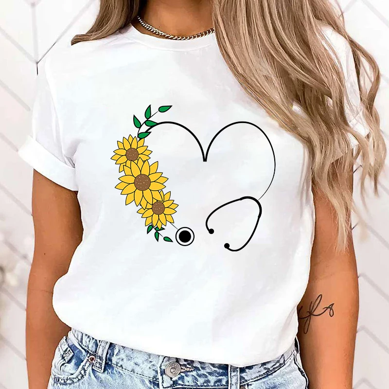 (Premium T-shirt)Funny Sunflower Nurse Stethoscope Printed T-Shirts Fashion Women Summer Tee Shirt Female Casual Short Sleeve