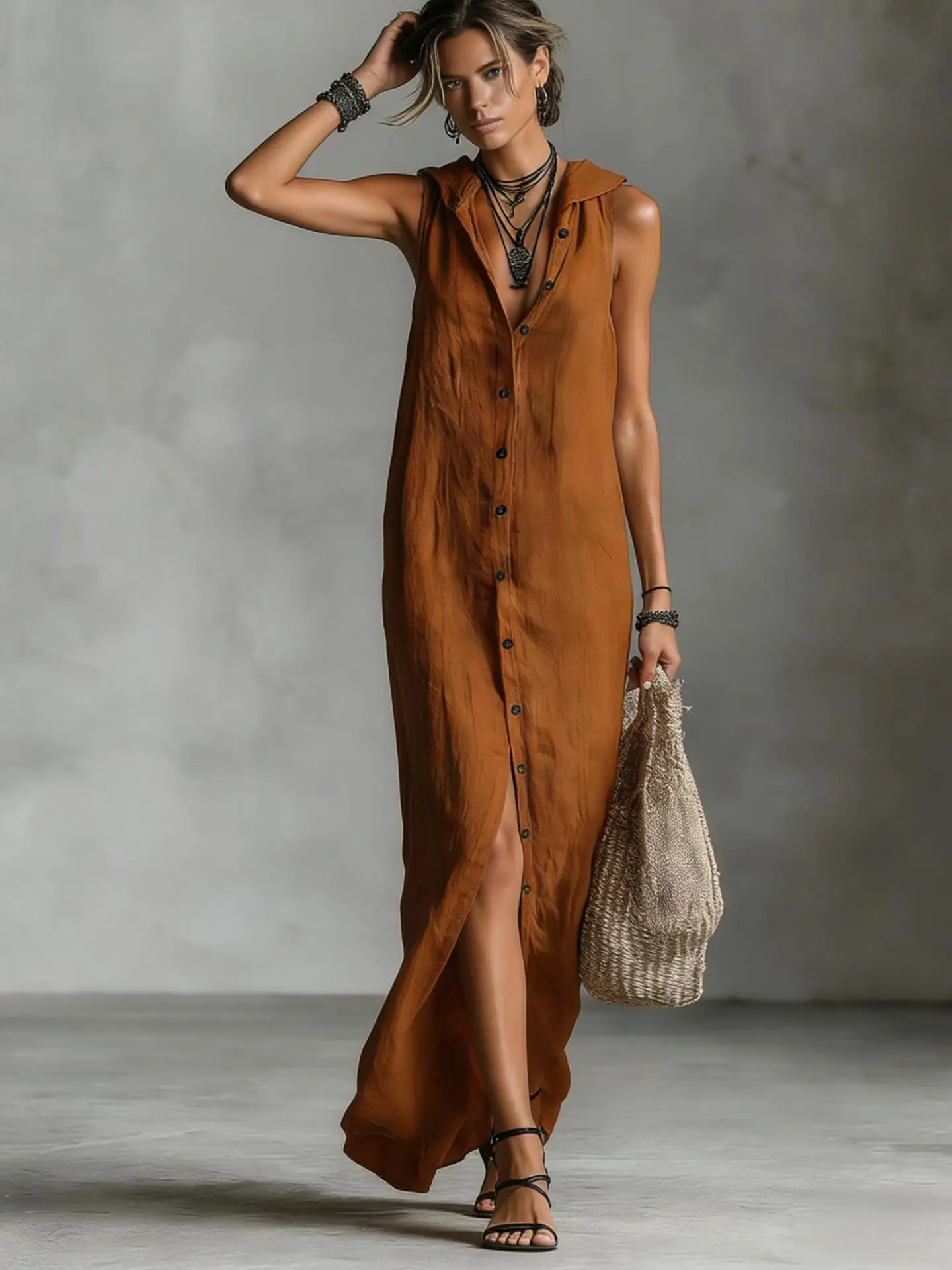 

Elegant Summer Dress Cotton Linen Solid Color Loose Casual Elegant V-neck Single-breasted Sleeveless Splicing Linen Long Dress