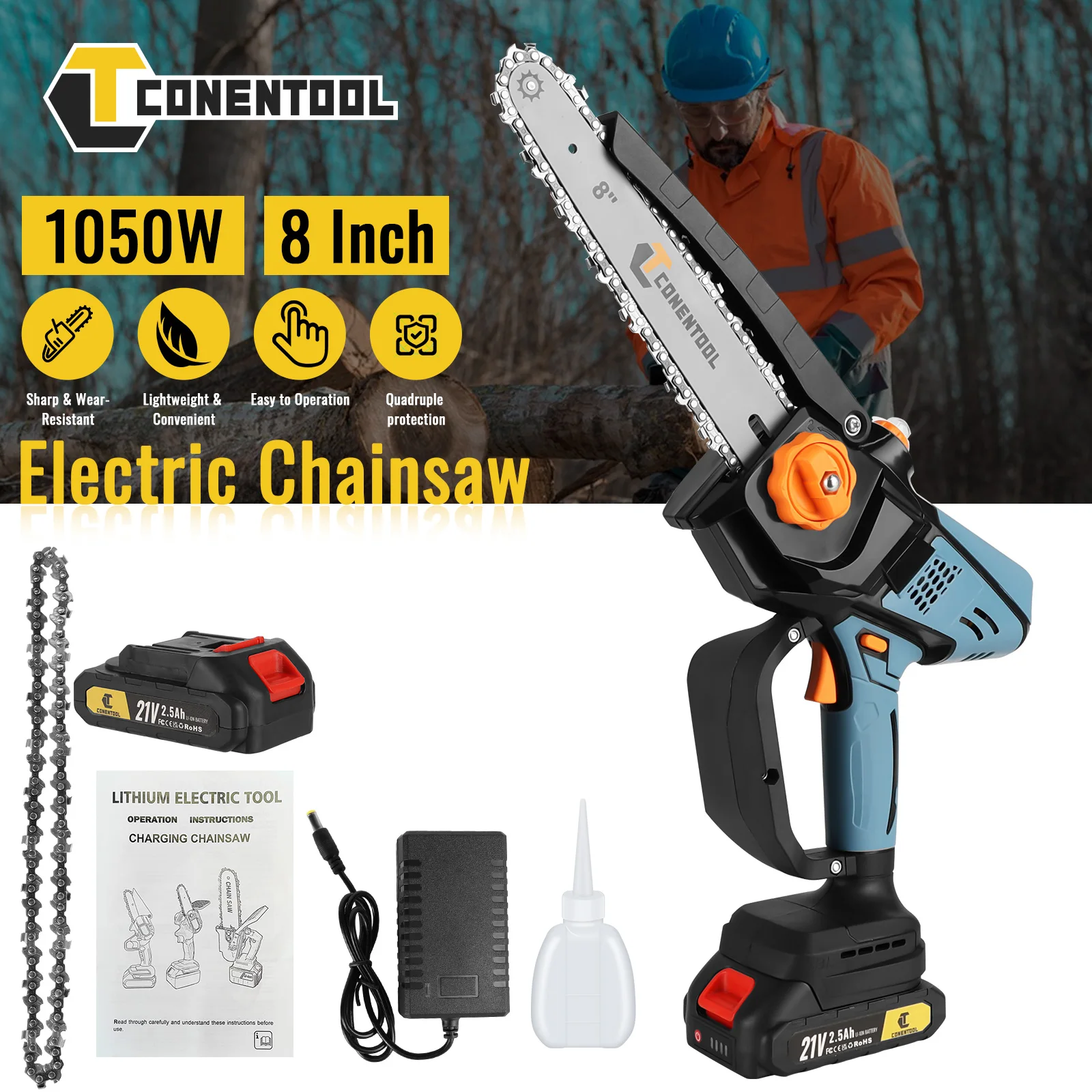 CONENTOOL Brushless 8in 21V Cordless Mini Chainsaw, Handheld Electric Pruning Tool with Rechargeable Battery for Wood Cutting