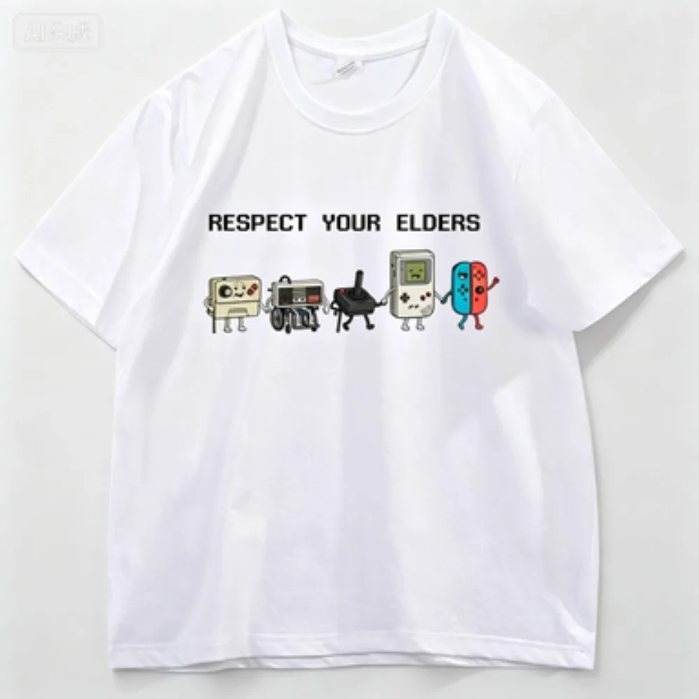 Vintage Respect Your Elders T Shirt Old Controller T-Shirt Retro Funny Grandpa Gamer Tshirt Gaming Tees O-neck Loose Clothes