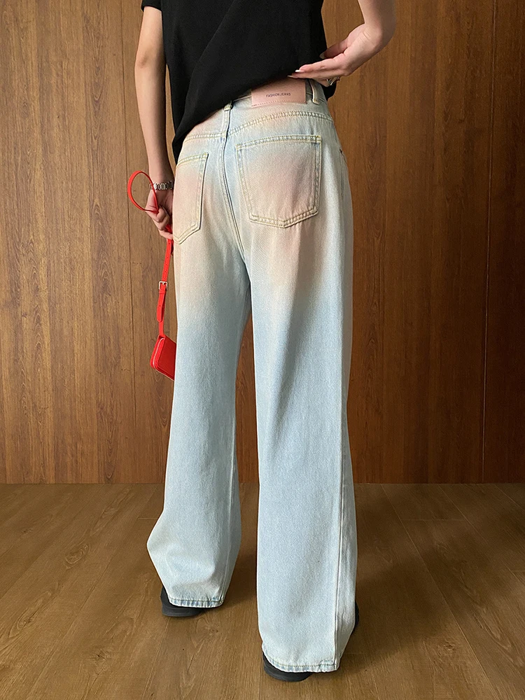 [LANMREM] Washed High Waist Jeans For Women Straight Wide Leg Denim Pants Fashion Tide Loose Trousers 2025 Spring New 26D9290