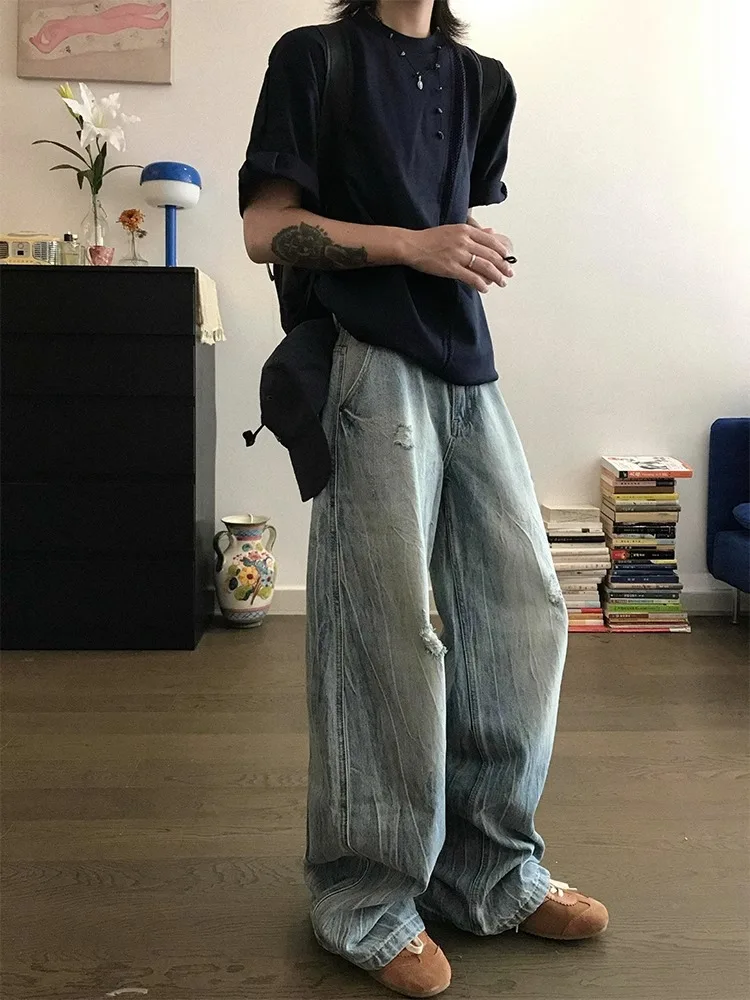 

Retro Waed Bamboo Texture Knife Jeans Men Women Casual Wide Leg Pants Loose Fit Long Trousers American Vibe