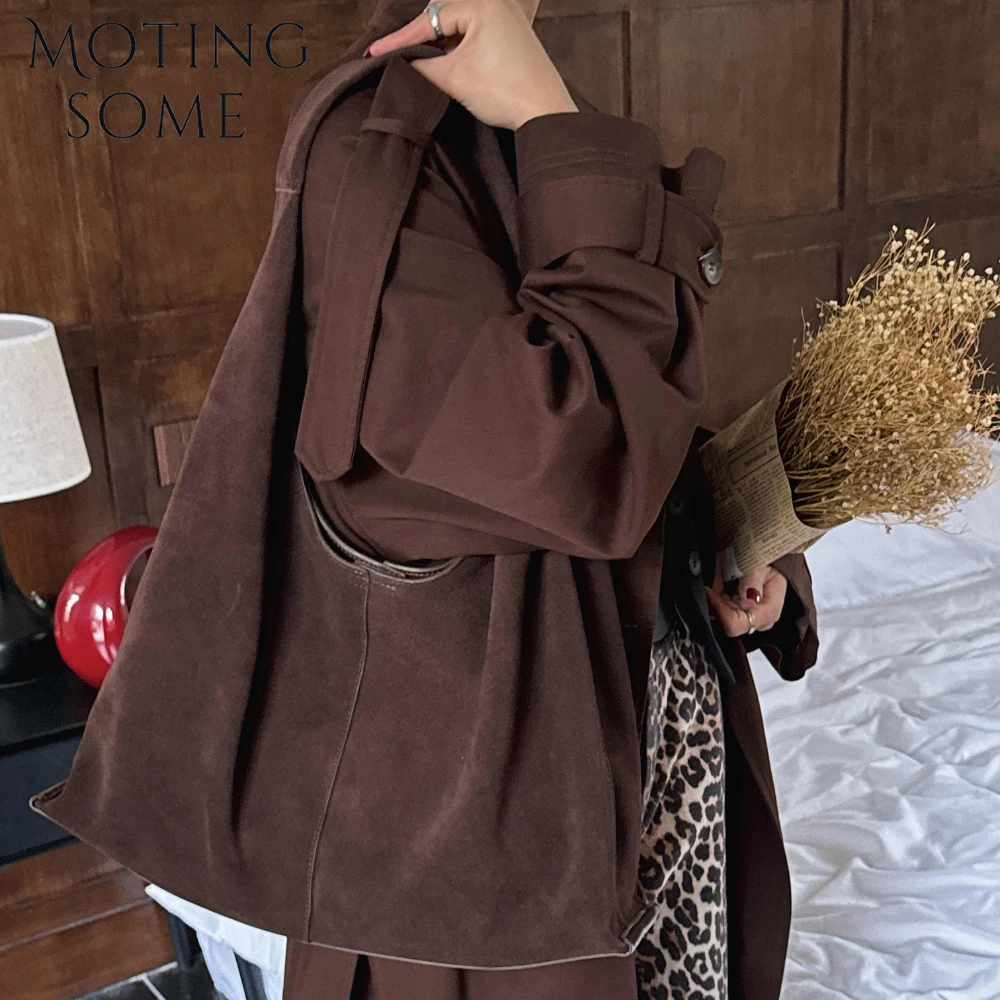 Motingsome Oversized 42cm Women Suede Bag Luxury Saddle Purses 100% Natural Suede Leather Causal Tote Rommy Commuting Purse 2024