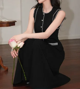 Elegant Pearl Edgeแขนกุดถักชุดผู้หญิง 2024 ฤดูใบไม้ผลิ/ฤดูร้อนใหม่ชุดยาวSlim 5230444