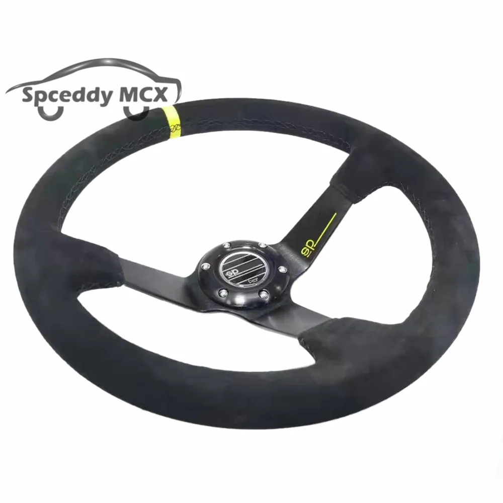 Sp Deep Dish Suede Leather Red Yellow Spoke 14inch 350mm Car Sport Steering Wheel Personalized Sports Modification Accessories