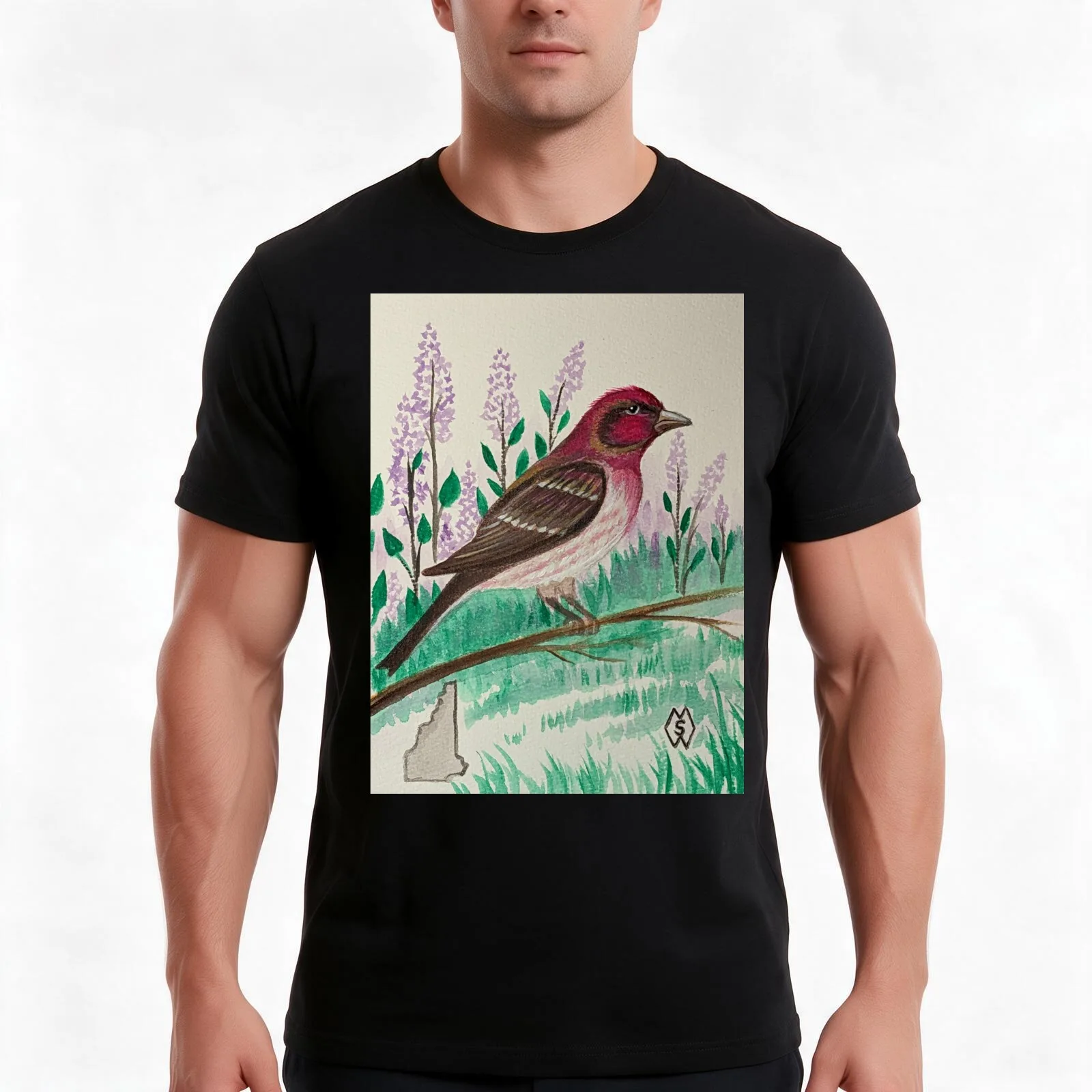 New Hampshire state bird and flower the purple finch and purple lilac T-Shirt Summer Casual Cotton Tee Vintage Graphic Print