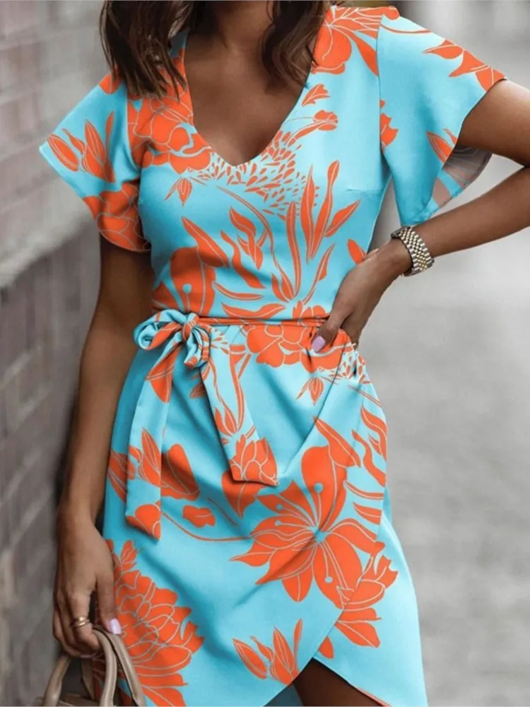 

Fashion Floral Print Dress Lady Casual V Neck Short Sleeve Lace-Up Mini Dresses For Women Boho Holiday Beach Womens Clothing New