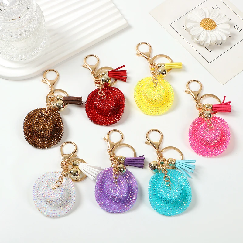 Luxury Bling Rhinestone Cowboy Hat Shape Keychains Top Hat Keyring With Tassel For Purse Charms Backpack Accessories