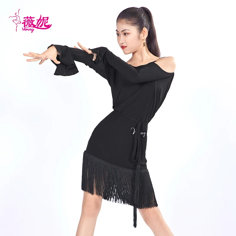 Vennystyle Latin Dance Dress for Women, Fashionable Sleeveless Fringe Long Sleeve Bodysuit, Professional Standard Training Wear