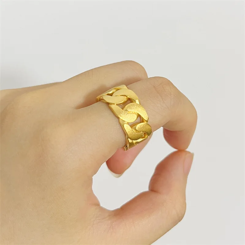 

9999 24K Real Gold Men's Cuban Ring Matte Chain Open Ring Fashion Trendy Jewelry