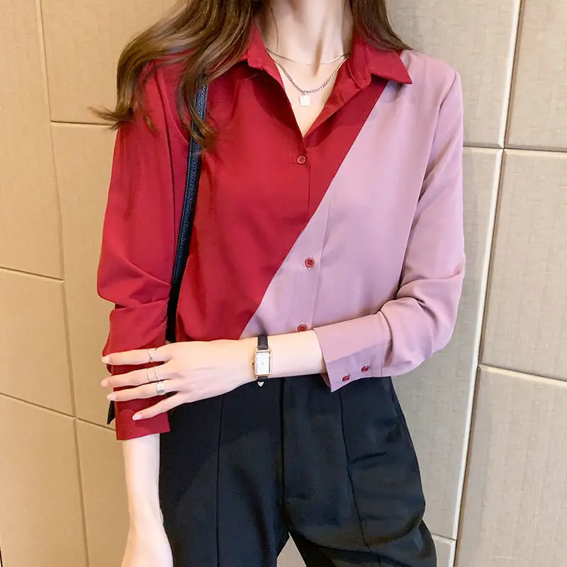 Fashion Contrast Color Fake Two Pieces Personality Blouse Women New Office Polo Collar Long Sleeve Chiffon Lady Shirt 2023