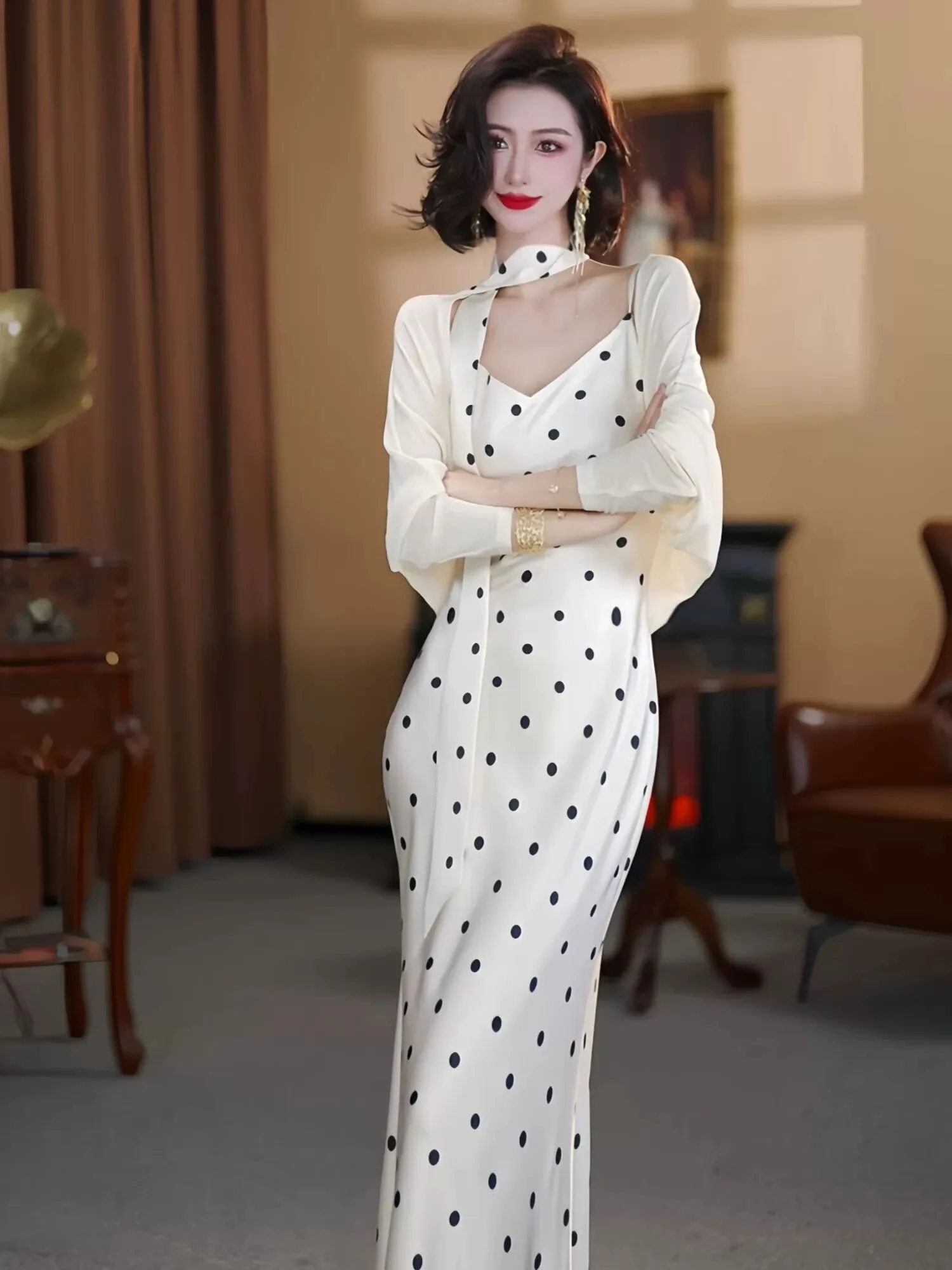 

Ele Polka Dot Blouse And Cardigan Two Piece Set for Women Autumn Faion High Quali Long Sve Workwear Sle