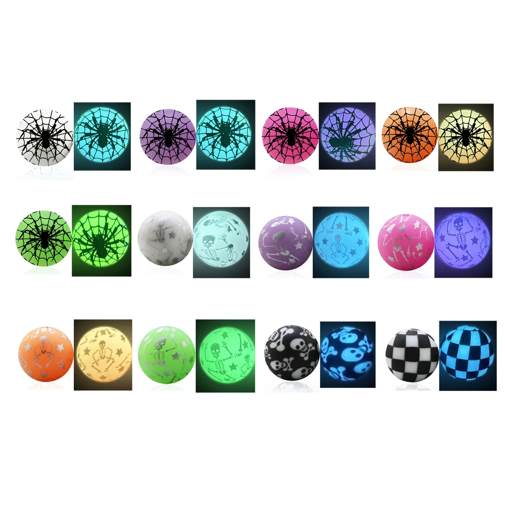 10Pcs Halloween Spider Print 15mm Silicone Beads Glowing In The Dark Checked Skeleton Skull Round Loose Balls For Pens