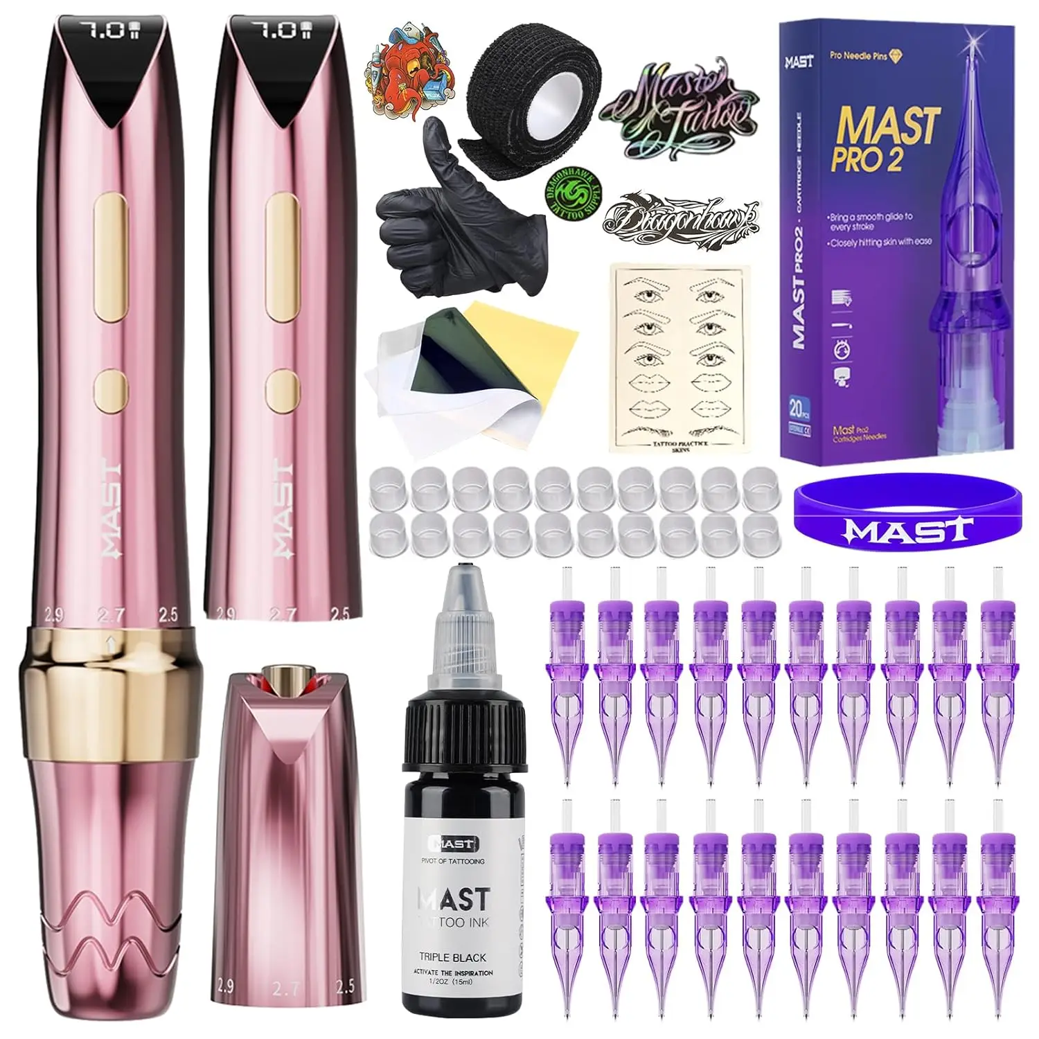 Mast P60 Machine voor Permanent Make-up Volledig met Kit Draadloos Batterij Pen 2,2 mm - 3,2 mm 5 Slagen Draagbaar Licht met 20 Professionele Naalden