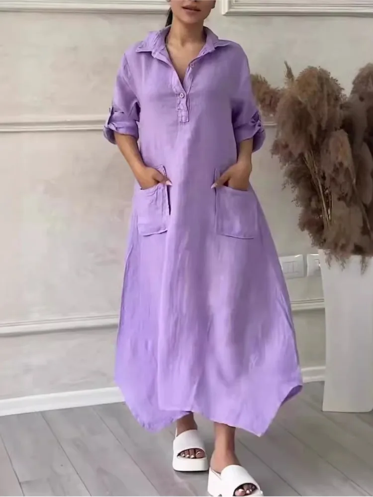 Luźna koszula na co dzień Sukienki dla kobiet Modna długa sukienka z klapami i kieszeniami Wiosna Jesień Sukienka z pełnym rękawem Vintage Kobiece Vestidos