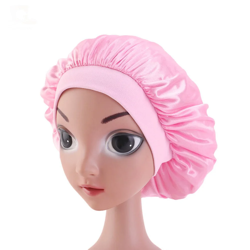 

5Pcs Kids Bathing Cap Solid Color Sleeping Elastic Wide Brim Satin Shower Hair Protection for Age 3-8 Children Home