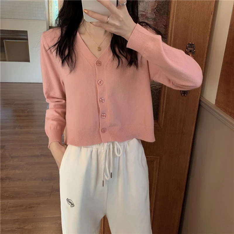 Y2k Sweet Women Crop Cardigan Korean Knitted Slim Long Sleeve Female Sweaters Autumn New All Match V Neck Ladies Casual Tops