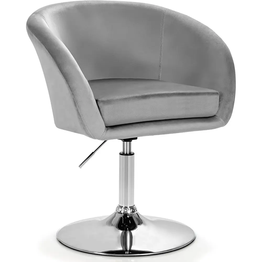 Height-Adjustable Velvet Makeup Chair with Chrome Base, Round-Back Swivel Accent Chair for Living Room or Bedroom in Grey