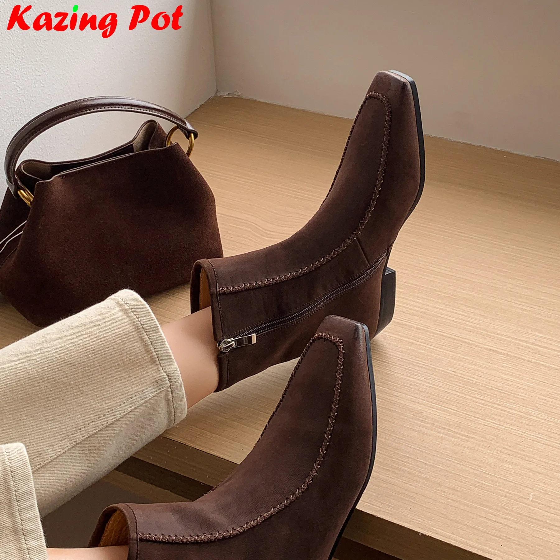 

Krazing Pot Cow Split Leather Vintage Chunky Low Heels Modern Boots Casual Winter Autumn Concise Office Lady Women Ankle Boots