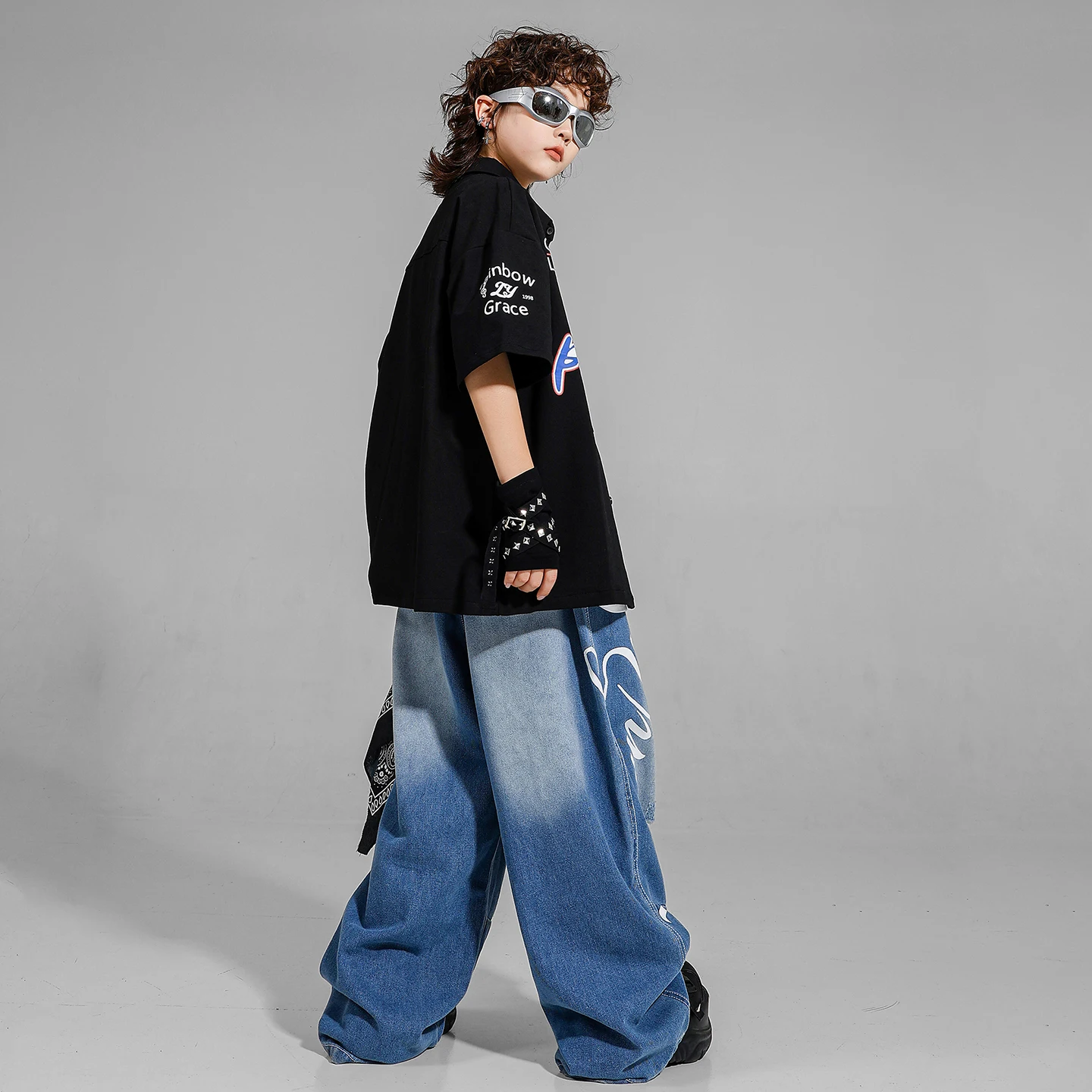 Trajes de Hip Hop para niños, camisa negra holgada, pantalones vaqueros de baile callejero, ropa de calle k-pop para niñas y niños, trajes de baile para niños