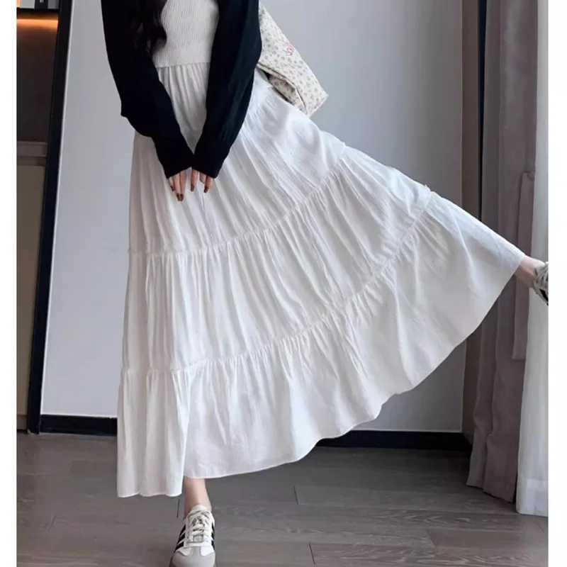 

2026 New Spring Women's White Tiered Cake Skirt High Waist Slimming A-Line Flowy Pleated Maxi Skirt Petite Casual Fashion Skirt