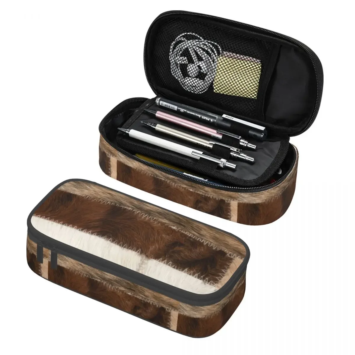 

Custom Korean Cowhide Modern Decor Patches Pencil Case for Boys Gilrs Leather Animal Fur Large Capacity Pen Bag Box Stationery