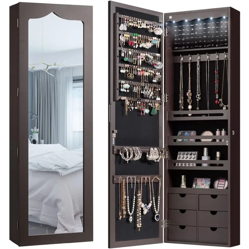 5 LEDs Mirror Jewelry Armoire Wall Door Mounted, Lockable Jewelry Cabinet with 6 Drawers and Full Length Mirror, Large