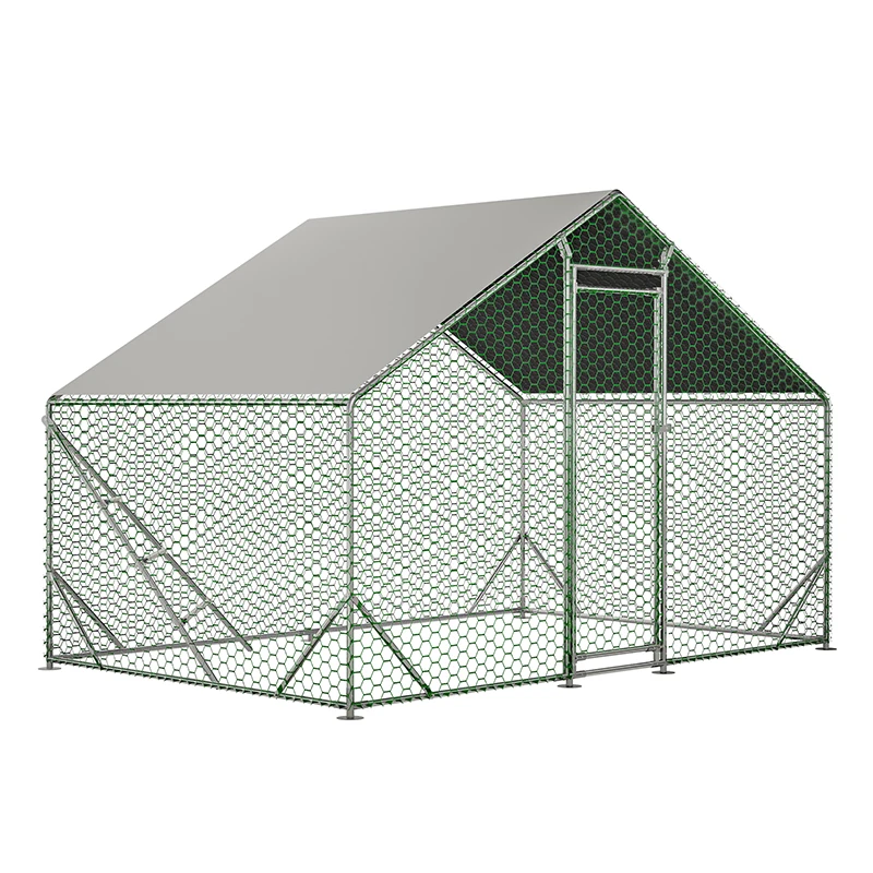 10 ft. x 6.6 ft. Large Metal Walk-In Chicken Coop Galvanized Poultry Cage with Roosting Bar Farm Hen House