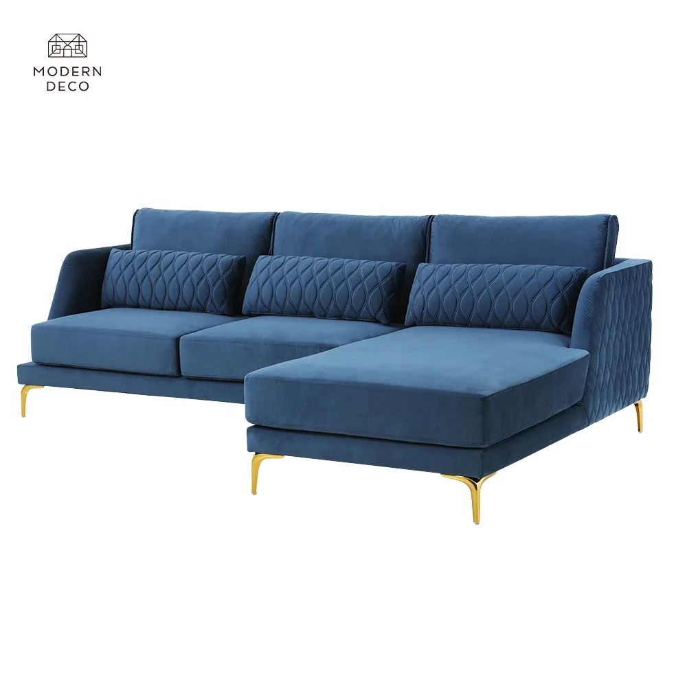 High-tech Quilting Blue Velvet Sectional Sofa Couch L Shaped Typed Set Verified Factory Custom Brand New Design No Retail