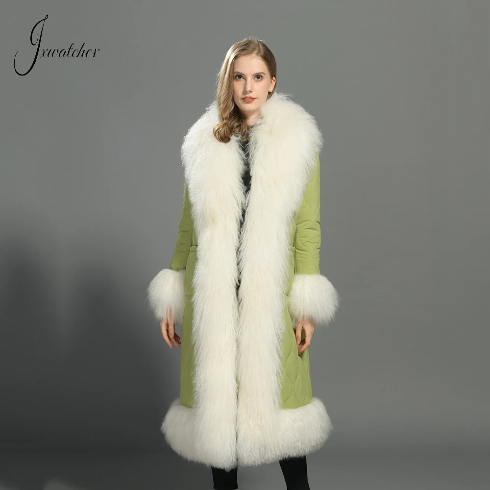 

Jxwatcher Woman Winter Coats with Real Mongolian Sheep Fur Trim Ladies Warm Fluffy Fur Coat Long Style Outerwears New Arrival