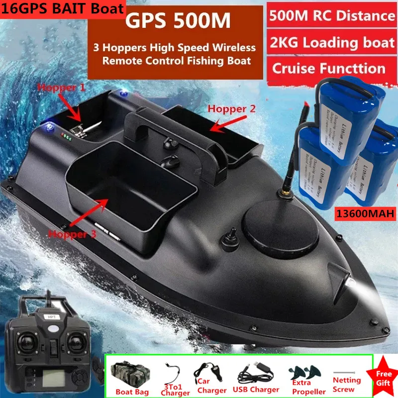 16Point GPS Fishing Bait boat RC Bait Boat Update 16 Point Located 500M 2KG Load High Speed Dual Light 3 Hoppers Fish Bait Boat