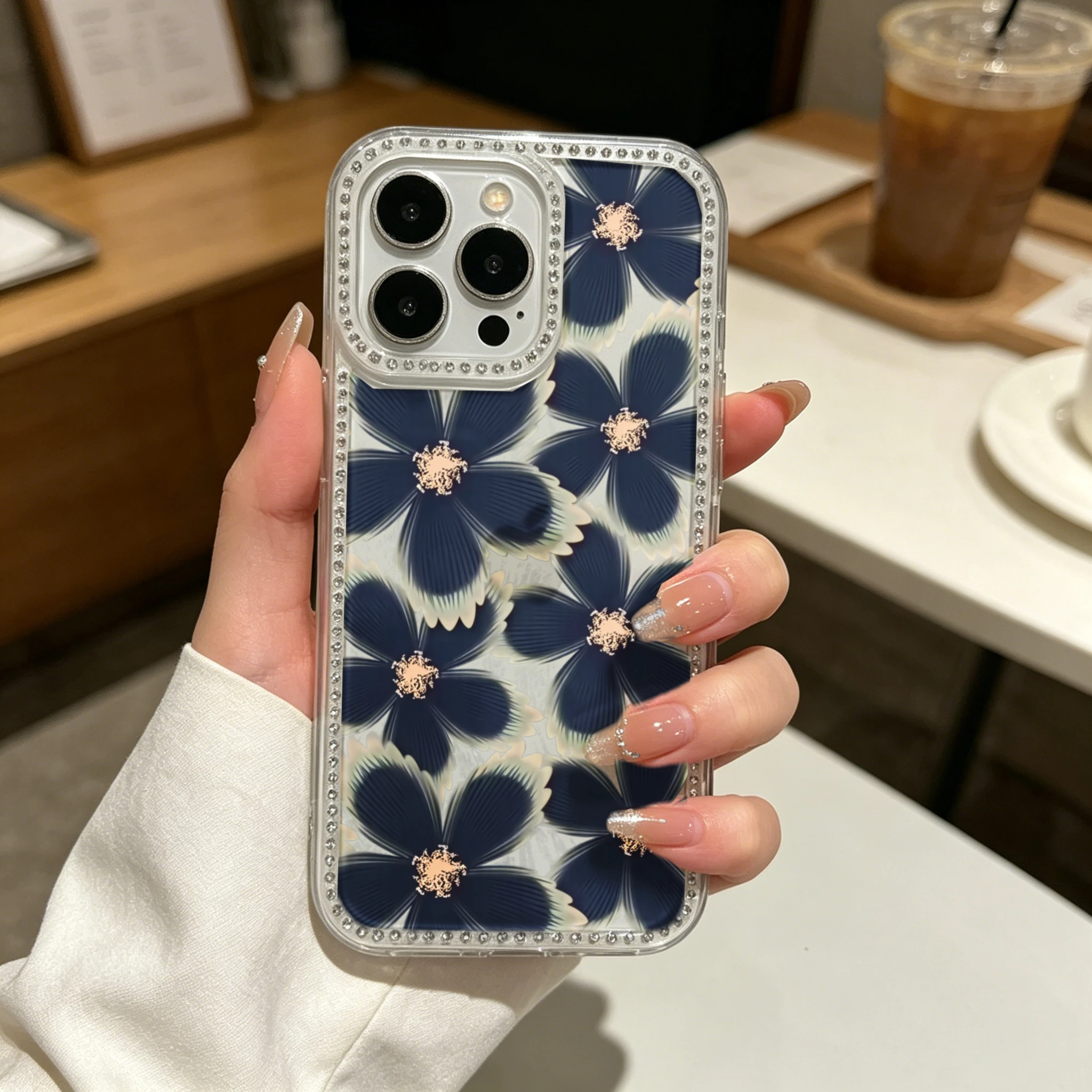 Clear Bling Rhinestone TPU Phone Case  Elegant Floral, Navy Blue Flowers With Rhinestone Accents And Pearl Border Design  Shockproof Slim Protective Cover for iPhone 12-16 All Models