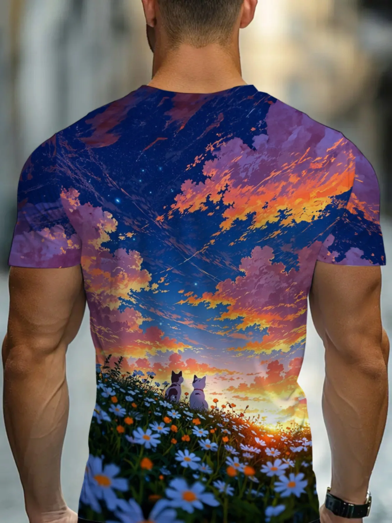 Men Two Cats Daisy Flower Field Colorful Sunset Starry Sky Landscape Print Short Sleeve Crew Neck Casual T-shirt